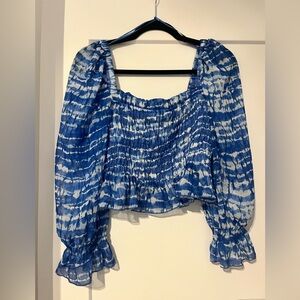 ZARA Ruched Gathered Tie Dye Print Cropped Blouse Blue Size M